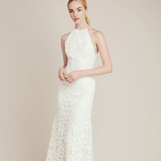 Floral Applique Illusion V-Back Wedding Dress